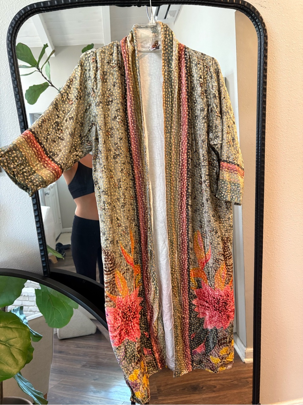 Anthropologie Olive Midi Dress with Pink & Yellow Floral Accents bohemian vintag